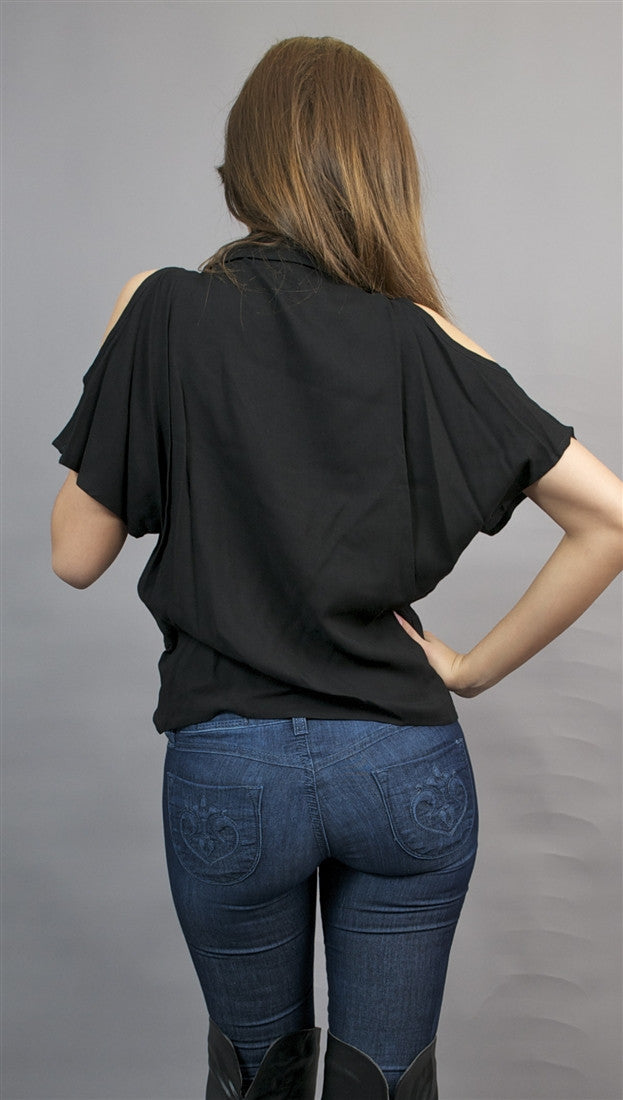 Open Shoulder Tie Buttondown in Black by Jessyka Robyn brand 