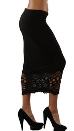 Kinkate Lace Trim Bottom A Line Maxi Long Skirt in Black