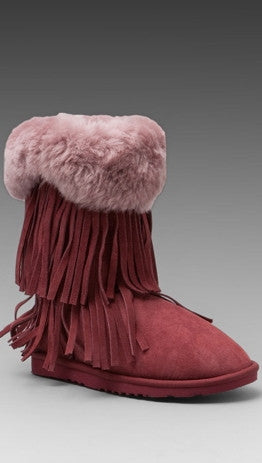 Koolaburra Haley Double Fringe Fur Foldover Boot in Tawny Port