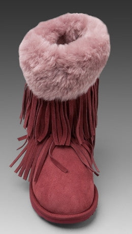 Koolaburra Haley Double Fringe Fur Foldover Boot in Tawny Port