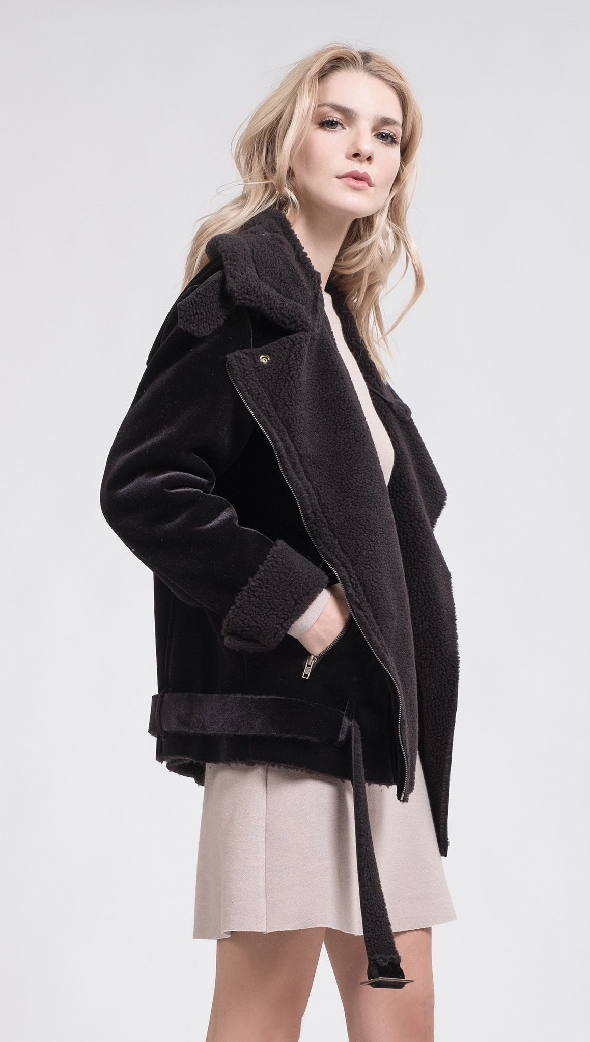 JOA Velour Shearling Moto Biker Jacket Black Faux Fur Coat l ShopAA