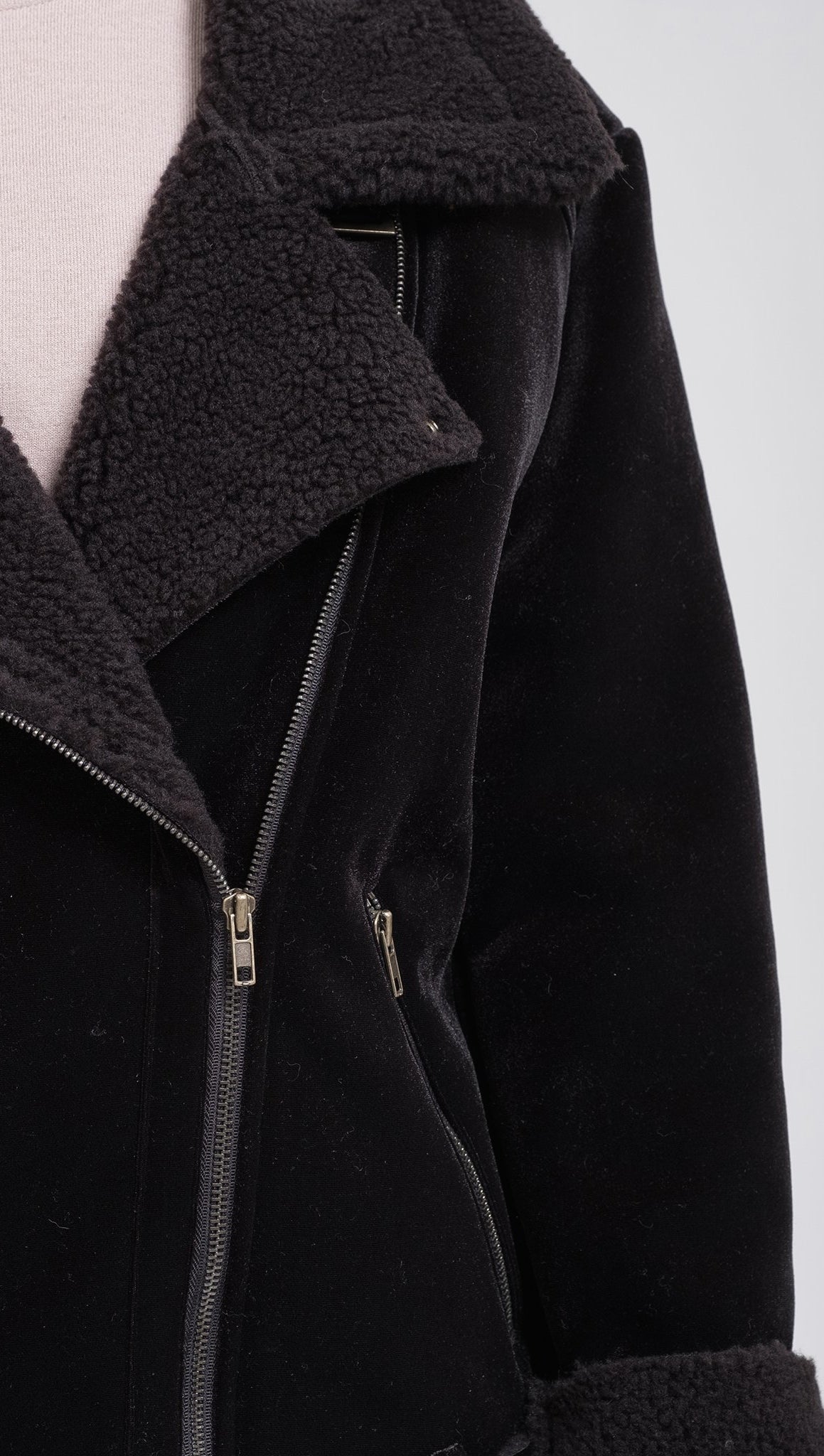JOA Velour Shearling Moto Biker Jacket Black Faux Fur Coat l ShopAA