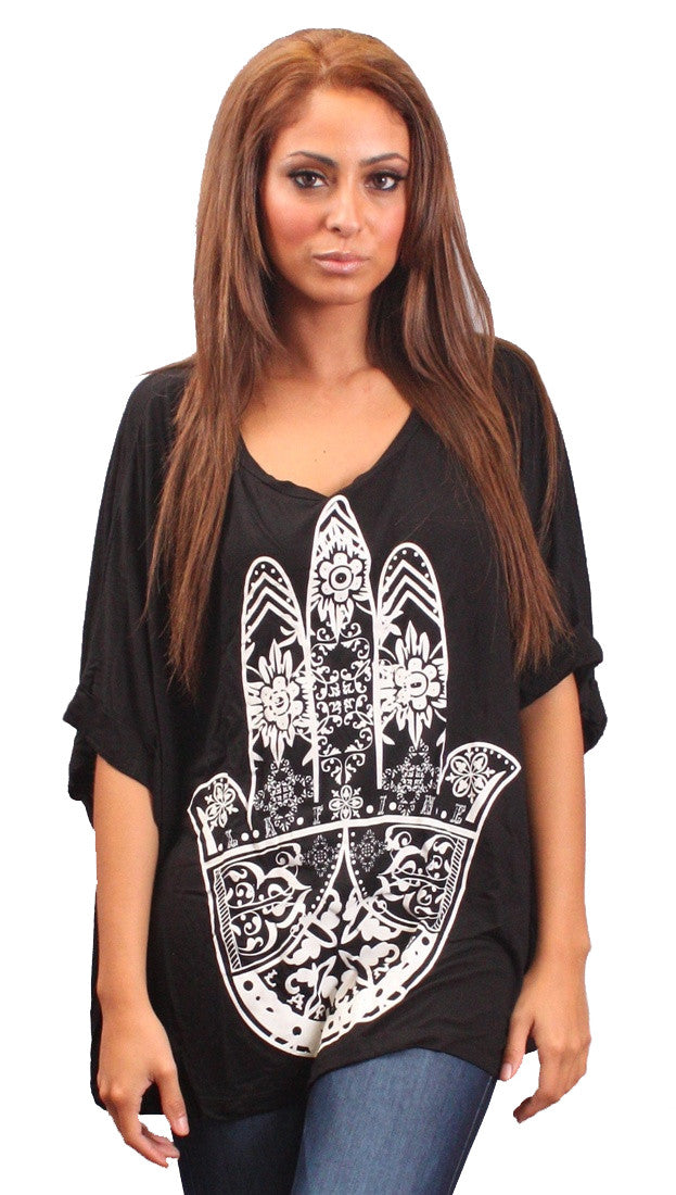 La Fine Fatima Henna Tattoo Hand of God Big Oversized Tee in Black 