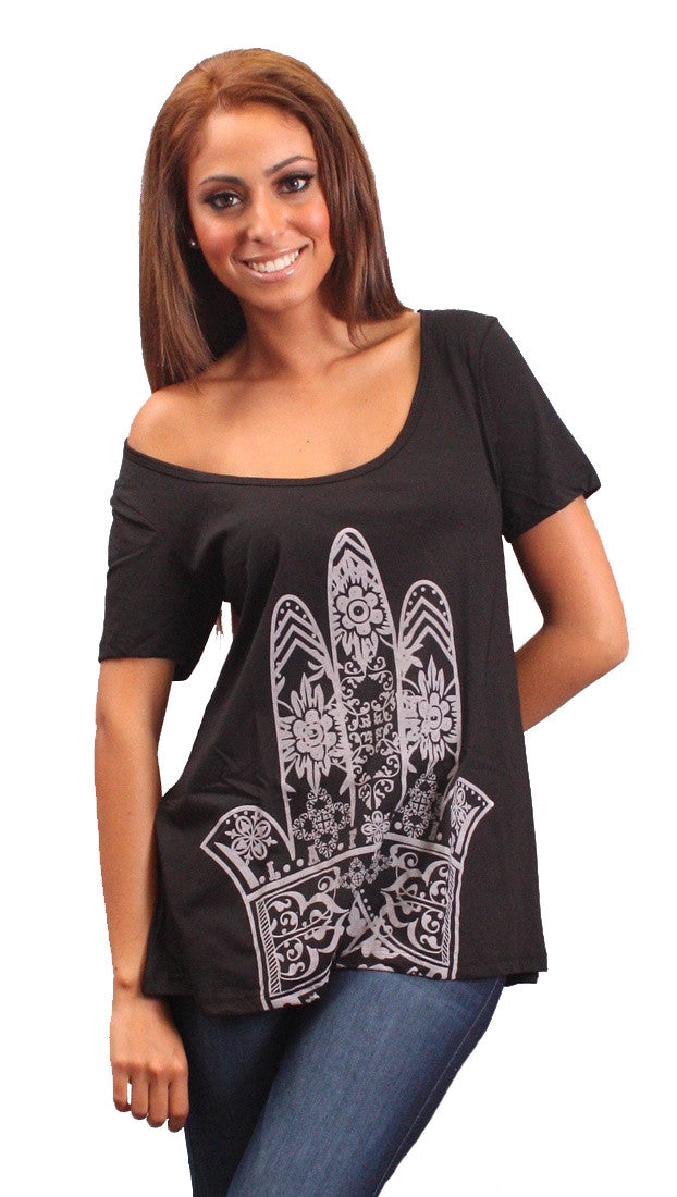 La Fine Fatima Hamsa Hand of God Short Sleeve Swing Flare Tee Black 
