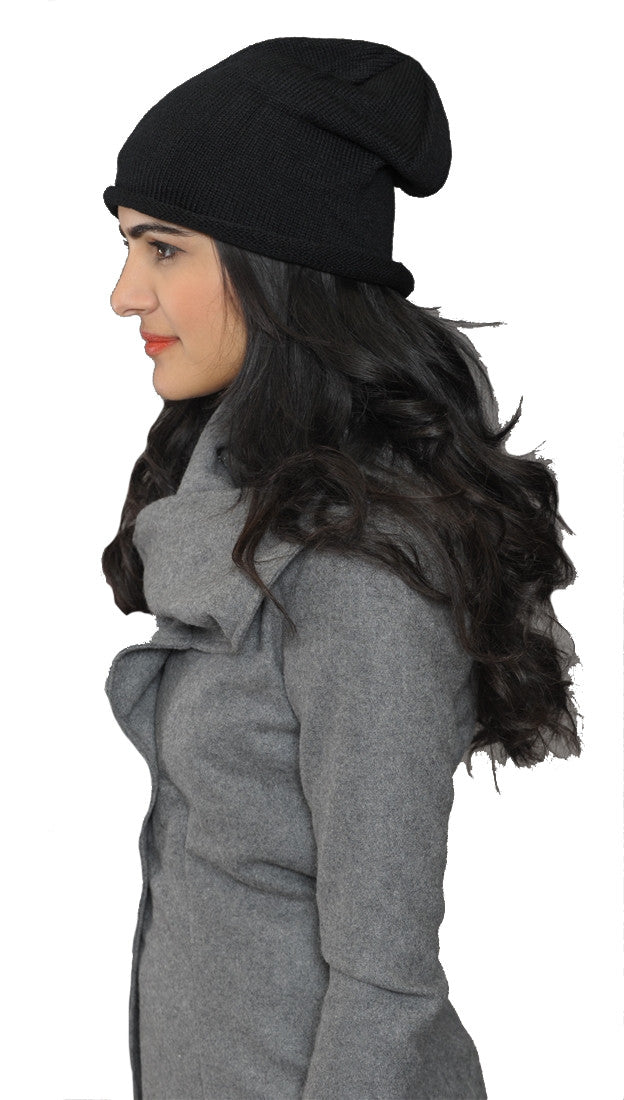 La Fine Head Wear Slouchy Beanie Knit Hat in Black 