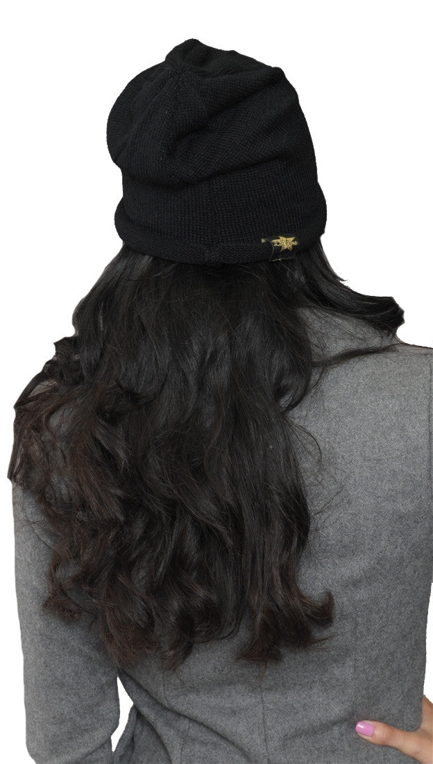 La Fine Head Wear Slouchy Beanie Knit Hat in Black 