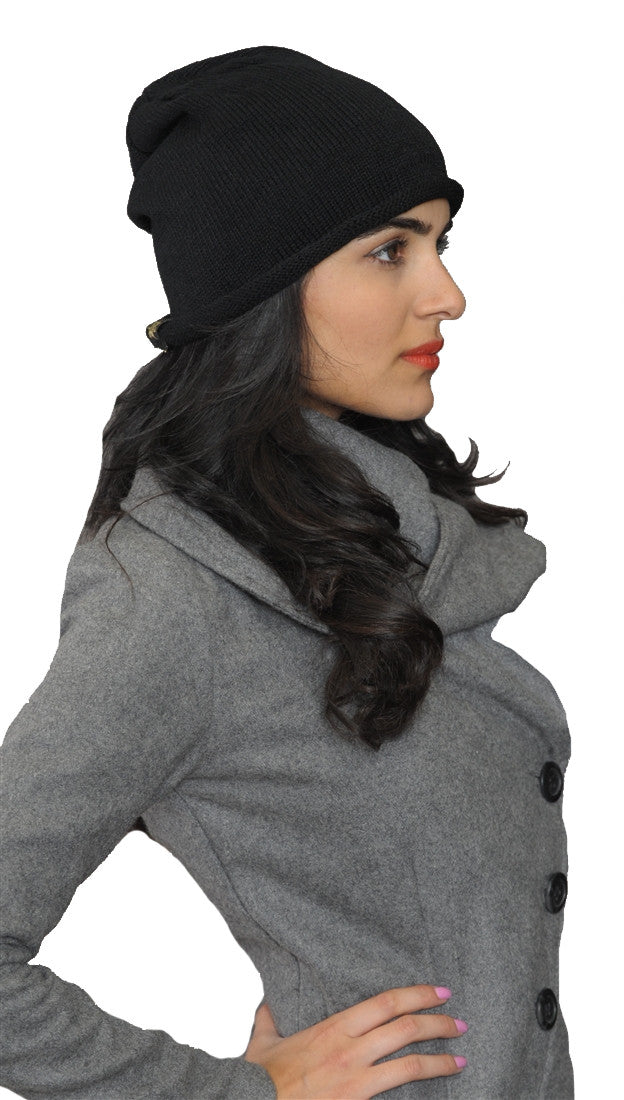 La Fine Head Wear Slouchy Beanie Knit Hat in Black 