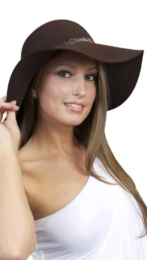 La Fine Head Wear Oversized Sun Feather Trim Wool Hat in Brown 