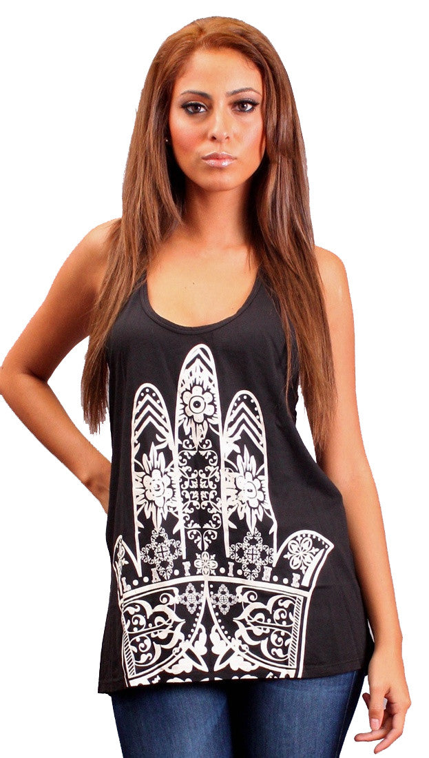 La Fine Fatima Hamsa Tattoo Hand Racerback Swing Tank Top Black 