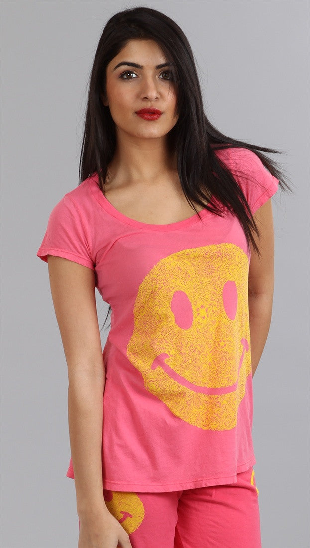 Lauren Moshi Happy Face Tegan LMV Basic Crew Tee in Pink Sherbert