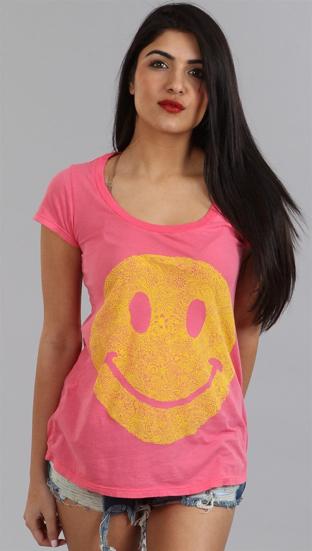 Lauren Moshi Happy Face Tegan LMV Basic Crew Tee in Pink Sherbert