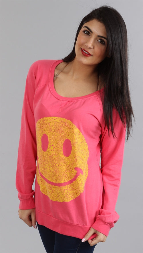 Lauren Moshi Hayden Happy Face LMV Pullover Sweatshirt in Pink Sherbert