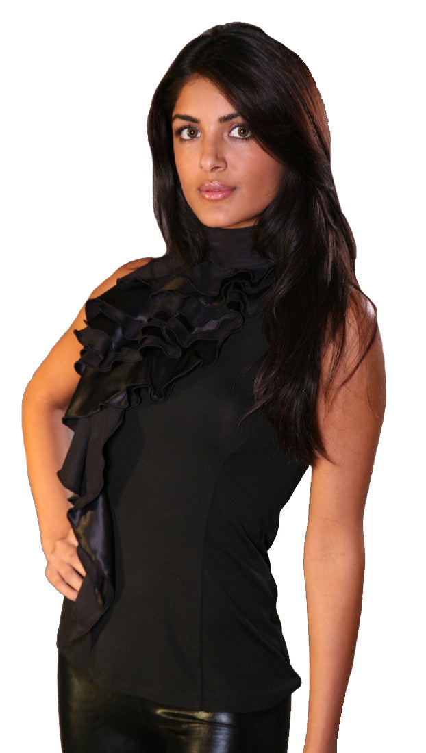 Linea O. Ruffle Layer Cascade Sleeveless High Neck Tank Top Black 