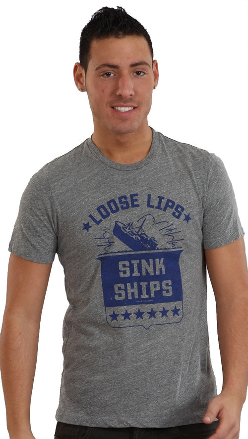 Local Celebrity Mens Loose Lips Sink Ships Crew Neck Tee Shirt Grey 