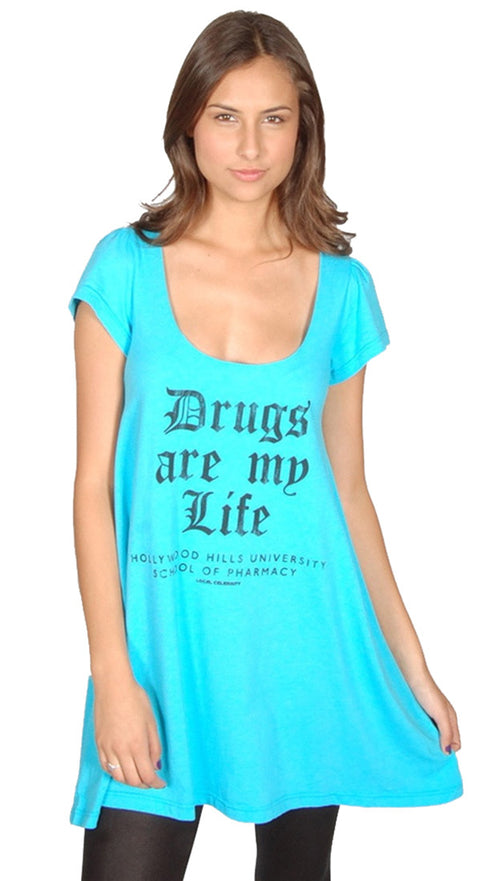 Local Celebrity Womens Drugs Are My Life Flutter Sleeve Tunic Shirt Dress in Cyan Blue 