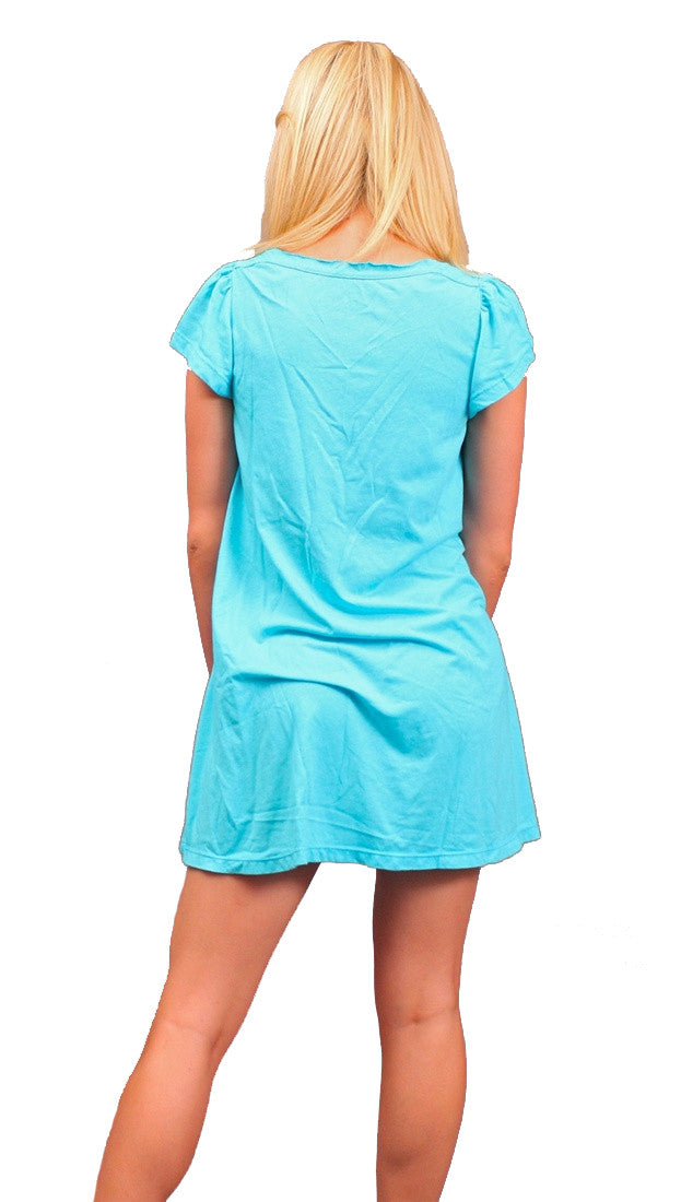 Local Celebrity Womens Drugs Are My Life Flutter Sleeve Tunic Shirt Dress in Cyan Blue 