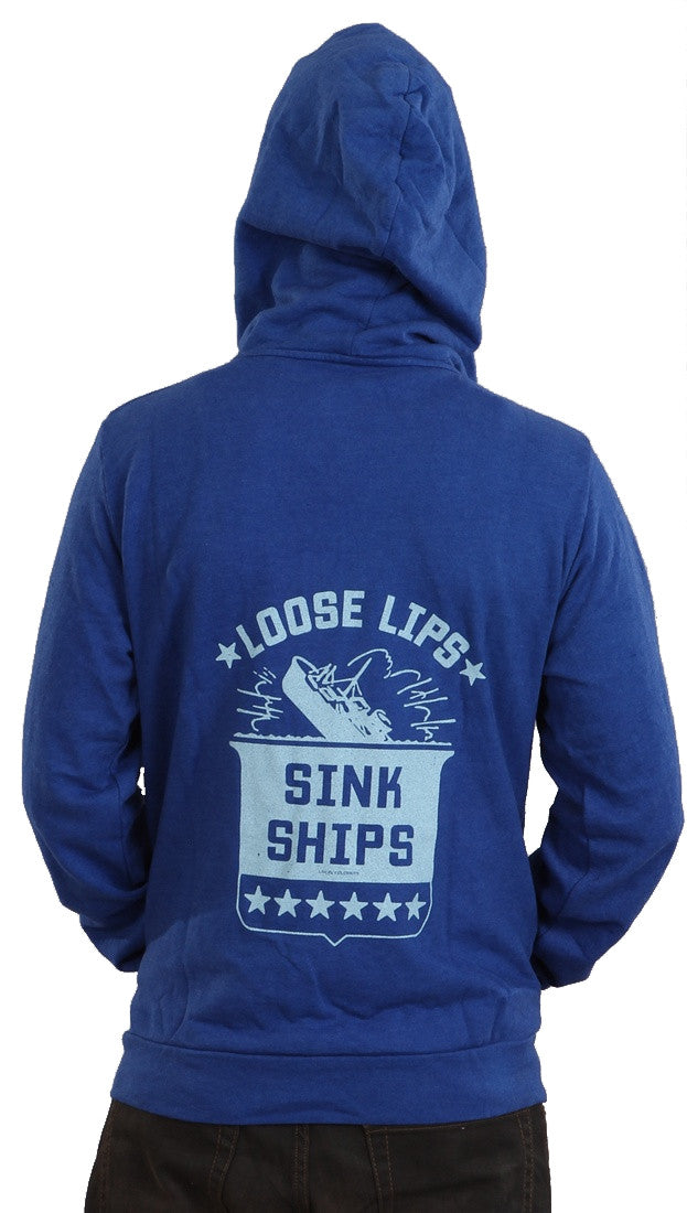 Local Celebrity Mens Loose Lips Sink Ships Zip Up Hoodie Royal Blue 