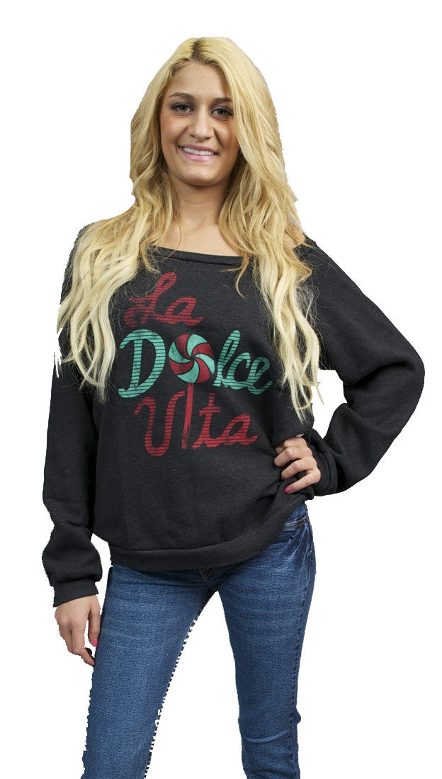 Local Celebrity Womens La Dolce Vita Candy Lollipop Boatneck Long Sleeve Fleece Sweatshirt in VIntage Black