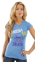 Local Celebrity Fresh To Death Tee Shirt Skull Crossbone Blue 