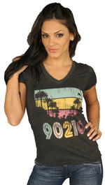 Local Celebrity Beverly Hills 90210 Graphic V Neck Short Sleeve Tee Shirt Charcoal Grey