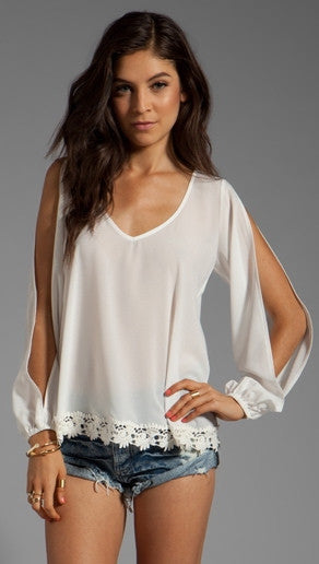 Lovers + Friends Daydream Slit-Sleeve Lace Blouse in White