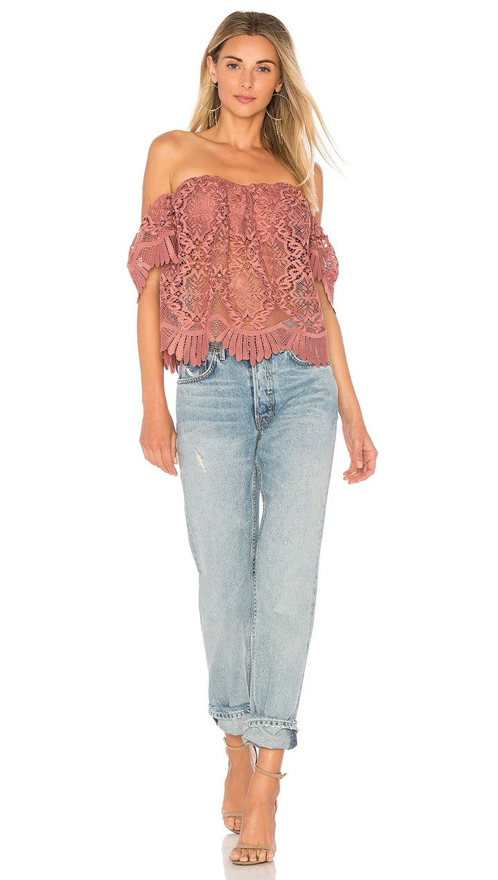 Lovers + Friends Lifes A Beach Top Mauve Off Shoulder Lace
