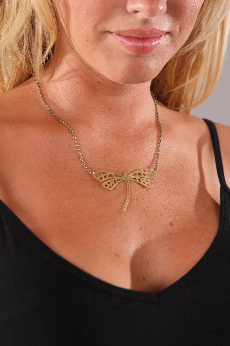 Make a Wish Gold Dragonfly Plate Necklace
