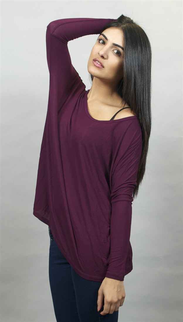 Michael Lauren Hunter Long Sleeved Draped Tee in Eggplant