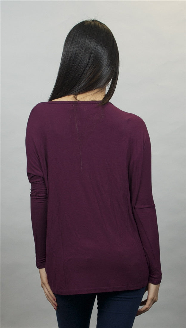 Michael Lauren Hunter Long Sleeved Draped Tee in Eggplant