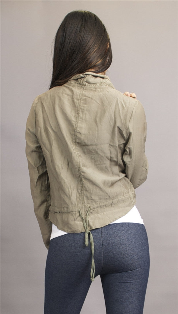 Miilla High Low Hem Silk Blend Jacket in Olive Green