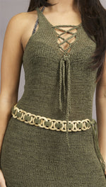 Miilla Tank Crochet Dress With Tie and Wooden Tassel Belt in Olive Green