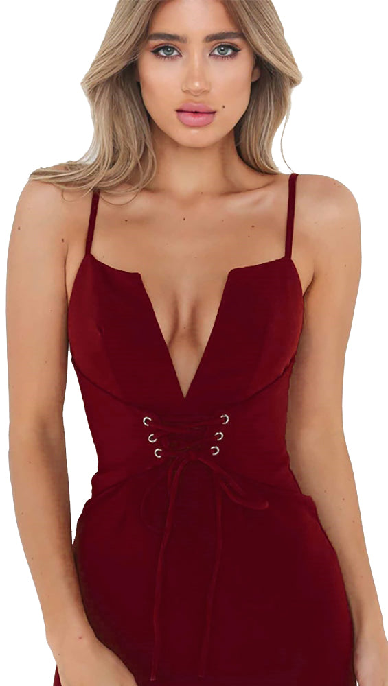 Burgundy Red Deep V Lace Up Corset Belt Midi Boydcon Bandage Dress