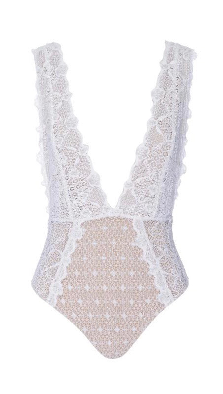 Nightcap Net Mesh Deep V Plunge One Piece Lace Swim Dove White | ShopAA