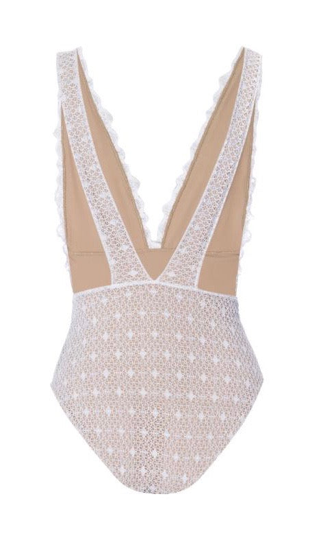 Nightcap Net Mesh Deep V Plunge One Piece Lace Swim Dove White | ShopAA