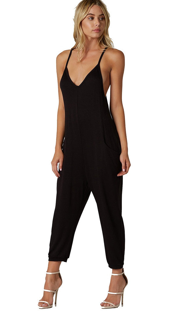 Free Spirit Jumpsuit Black Pocket Tank Jumper Harem Pant 