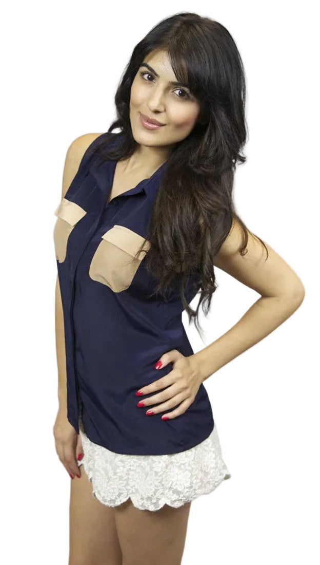 Olive & Oak Color Contrast Pocket Sleeveless Button Down