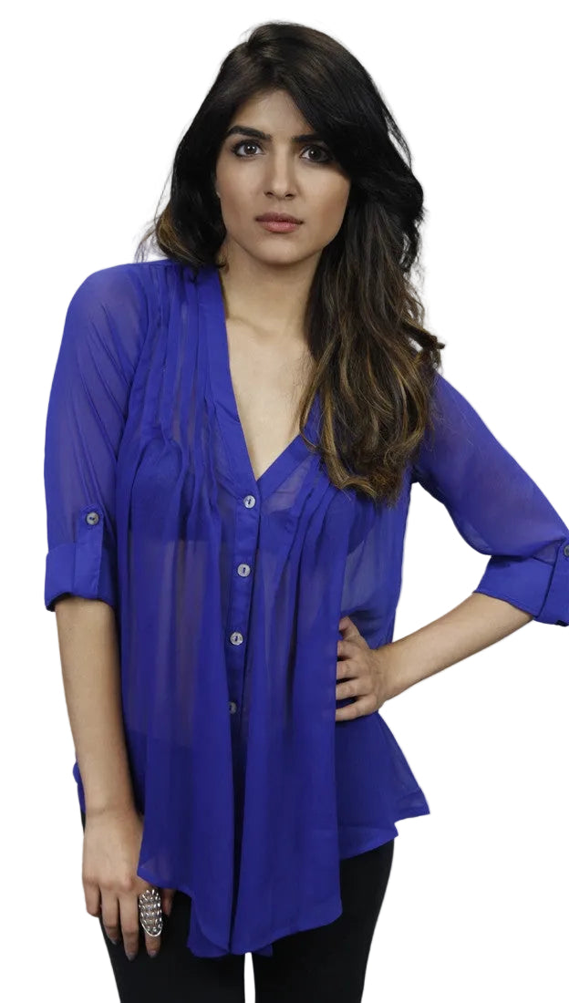Olive & Oak Pleated V-neck Blouse in Royal Blue