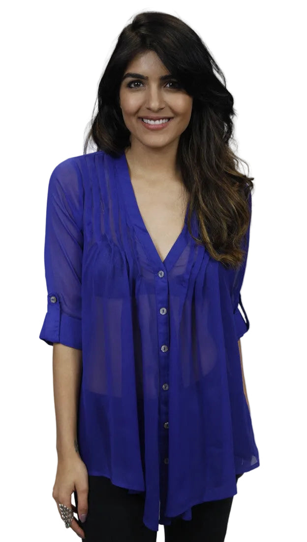 Olive & Oak Pleated V-neck Blouse in Royal Blue