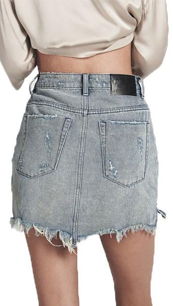 One Teaspoon 2020 High Waist Denim Fray Mini Skirt Blue Storm l ShopAA