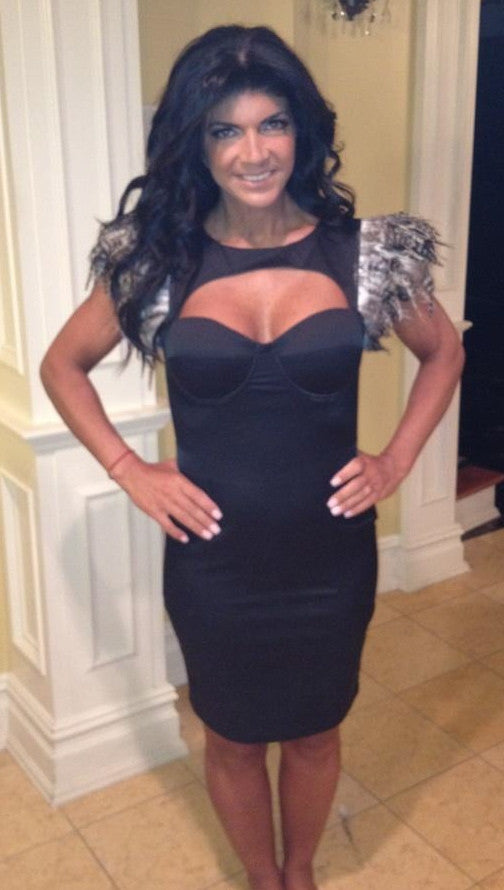 Pascucci Mazzello Feather Dress in Black as seen on Teresa Giudice