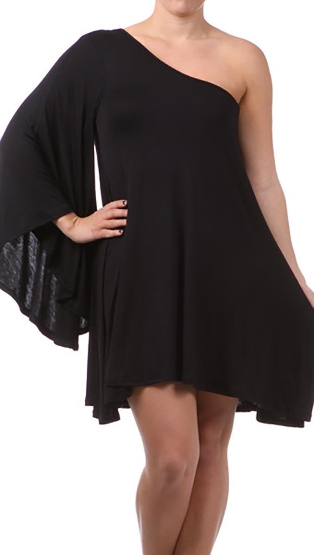 Plus Size One Shoulder Dress with Dolman Sleeve in Black
