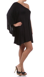 Plus Size One Shoulder Dress with Dolman Sleeve in Black