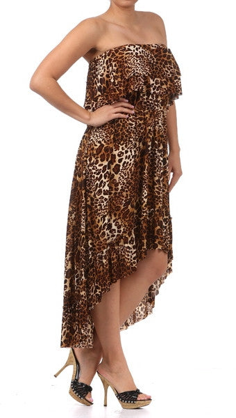 Plus Size Strapless Ruffle Hi Low Dress in Leopard