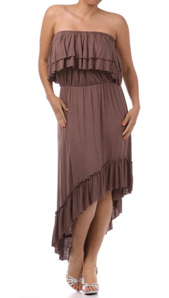 Plus Size Strapless Layered Ruffle Hi Low Midi Dress Mocha Brown | ShopAA