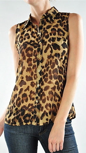 Plus Size Sleeveless Leopard Animal Print Buttondown