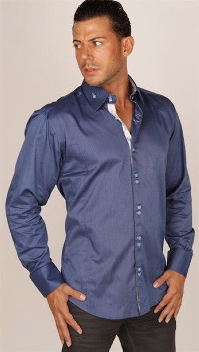 Preview Mens Blue Metal Dress Shirt w/ White Pattern Trim