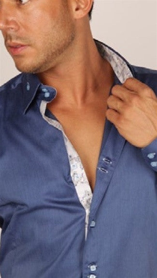 Preview Mens Blue Metal Dress Shirt w/ White Pattern Trim
