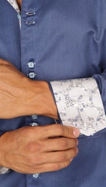 Preview Mens Blue Metal Dress Shirt w/ White Pattern Trim