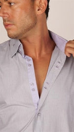 Preview Mens Grey Pinstripe Dress Shirt w/ Purple Contrast
