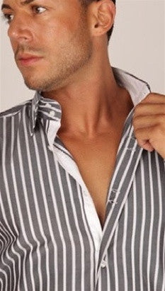 Preview Mens Grey White Thick Stripe Contrast Dress Shirt